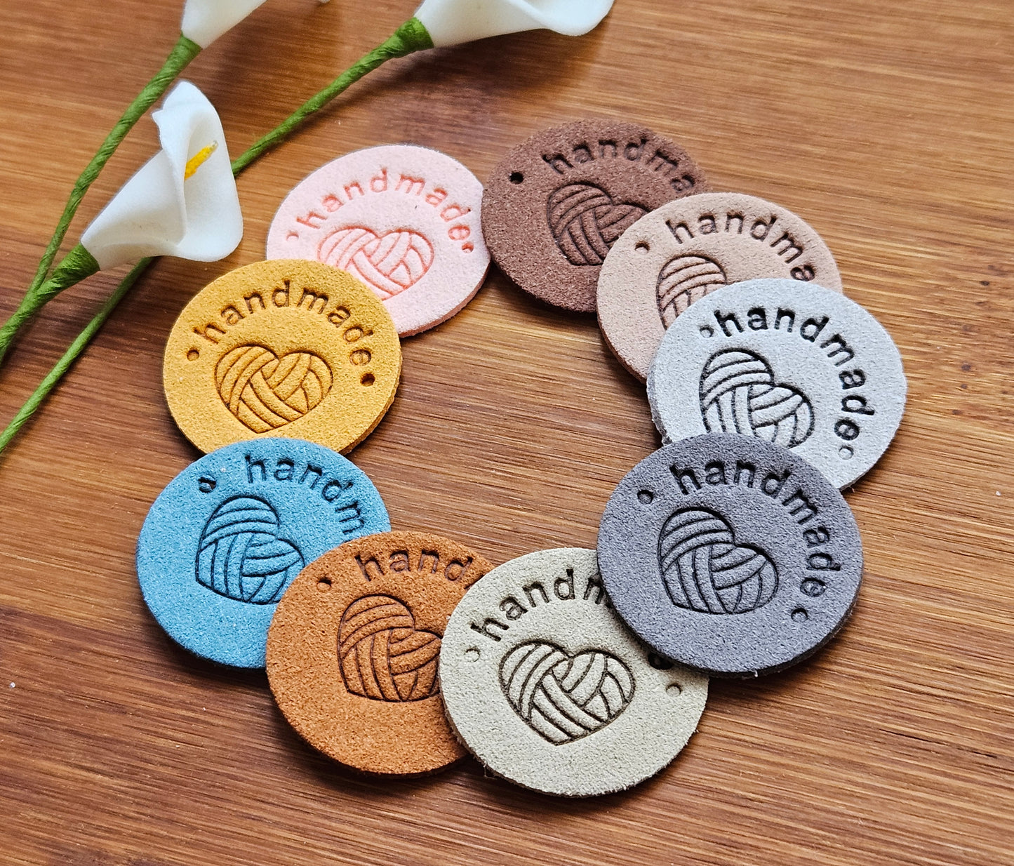 YARN HEART HANDMADE LABELS / Set of 5 / Faux Suede Labels / Handmade Tags / Garment Labels