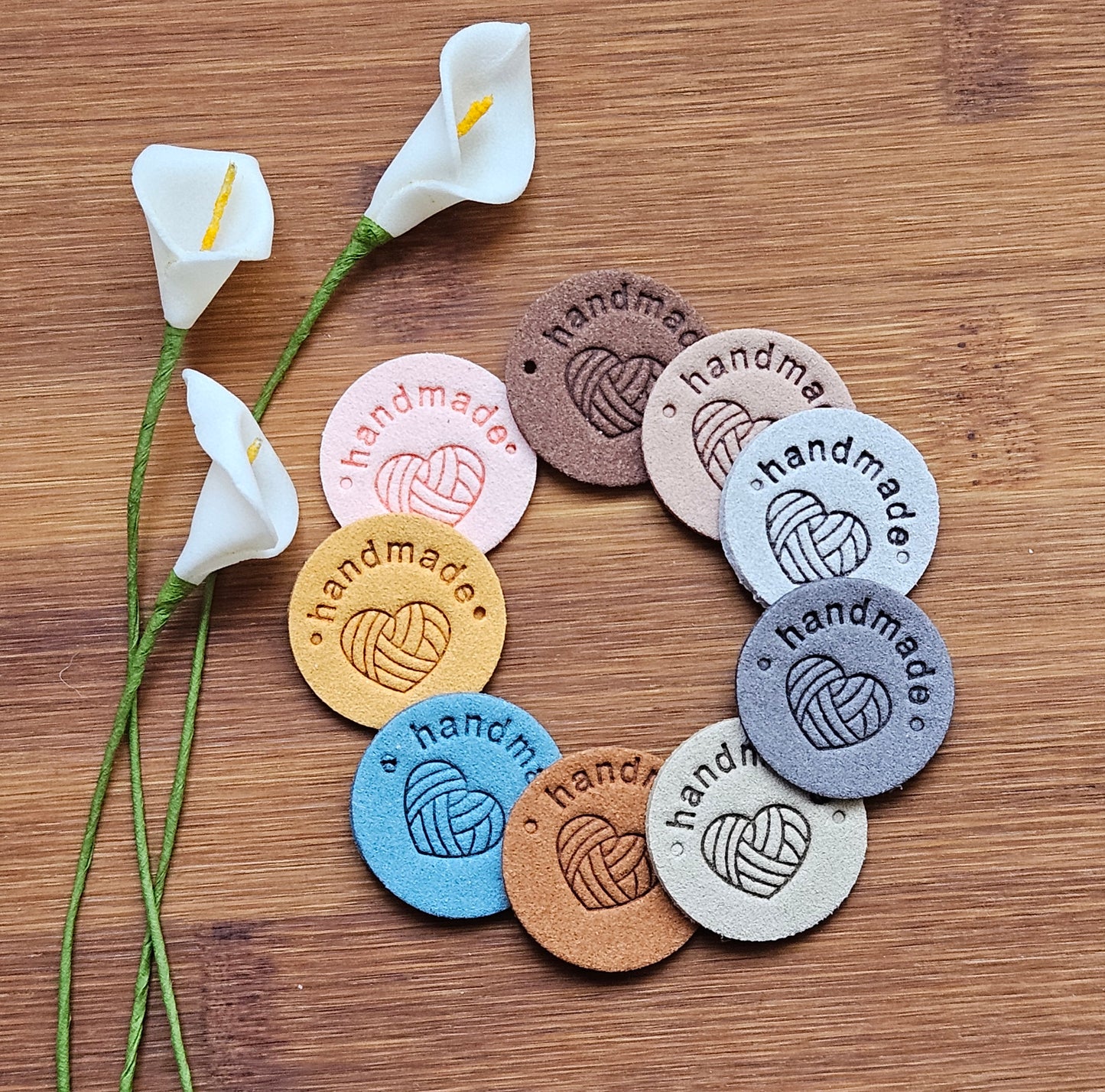 YARN HEART HANDMADE LABELS / Set of 5 / Faux Suede Labels / Handmade Tags / Garment Labels