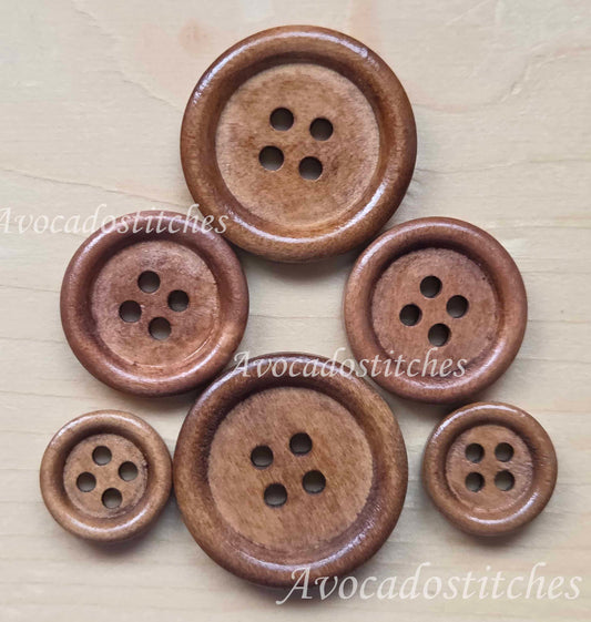4-HOLE BROWN Wooden Buttons / 12.5-23mm Natural Wood Sewing Buttons