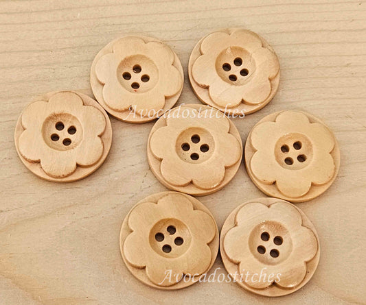 VINTAGE FLOWER ROUND Beige / 25mm - 6 buttons / Wooden Buttons / Sewing Buttons