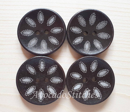 Clearance // 8-PETAL FLORAL / Dark Brown 2-Hole Wooden Buttons / 30mm (Set of 4)