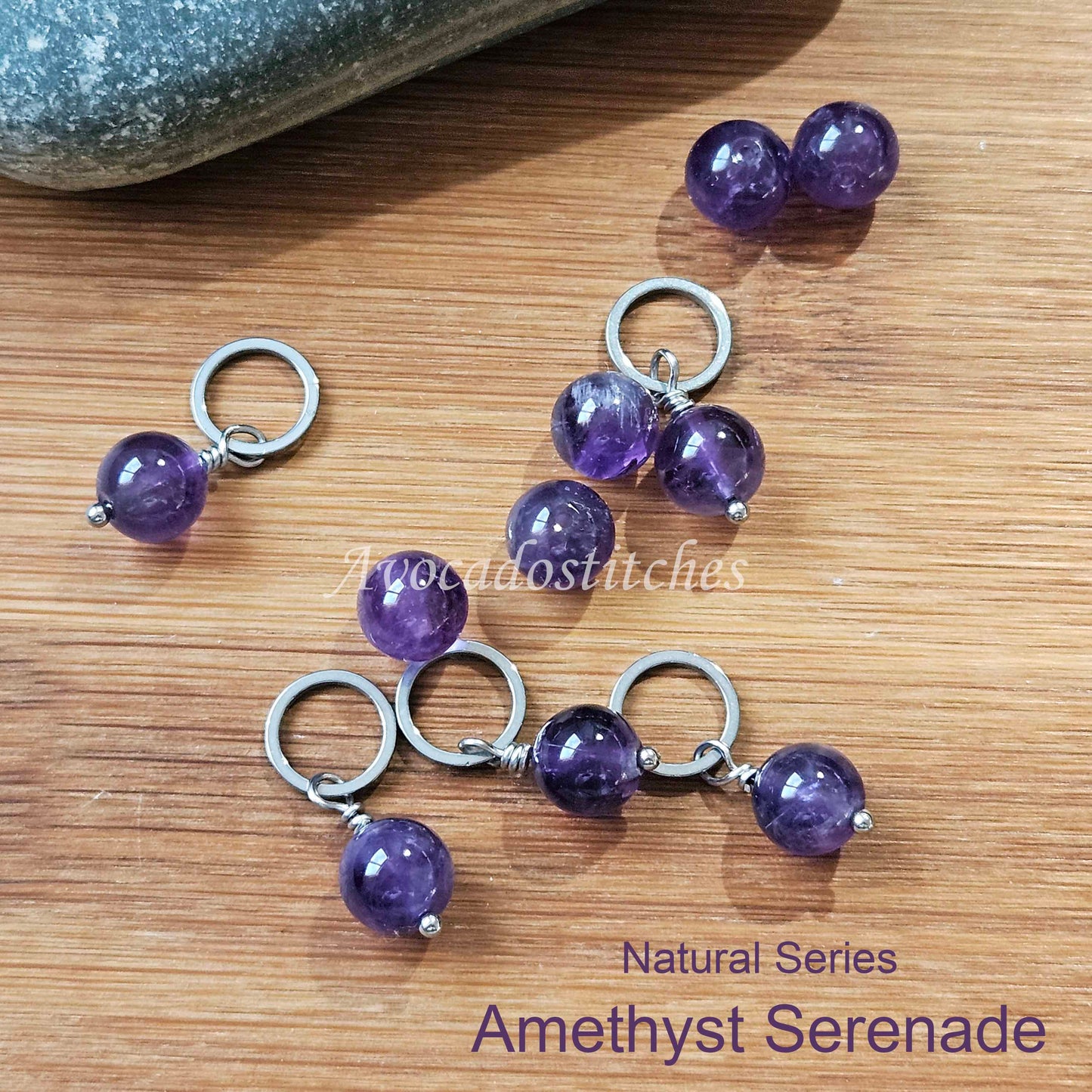 AMETHYST SERENADE (Natural Stone & Stainless Steel) – Set of 5 Stitch Markers / Knitting Crochet Notions