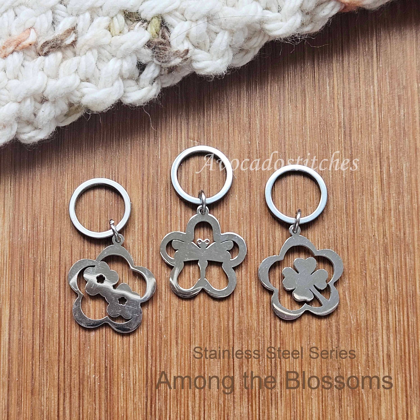 AMONG THE BLOSSOMS (3 pieces) - Stainless Steel Series / Knitting Crochet Stitch Markers / Notions