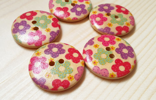 BABY DAISIES - multi-colours / 30mm / Set of 4 buttons / Wooden Buttons / Sewing Buttons