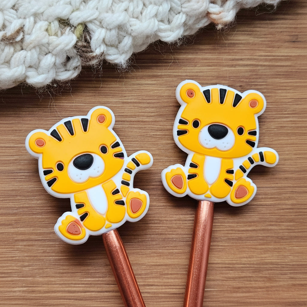 BABY TIGER STITCH STOPPERS / Knitting Needle Toppers / Set of 2 / Notions