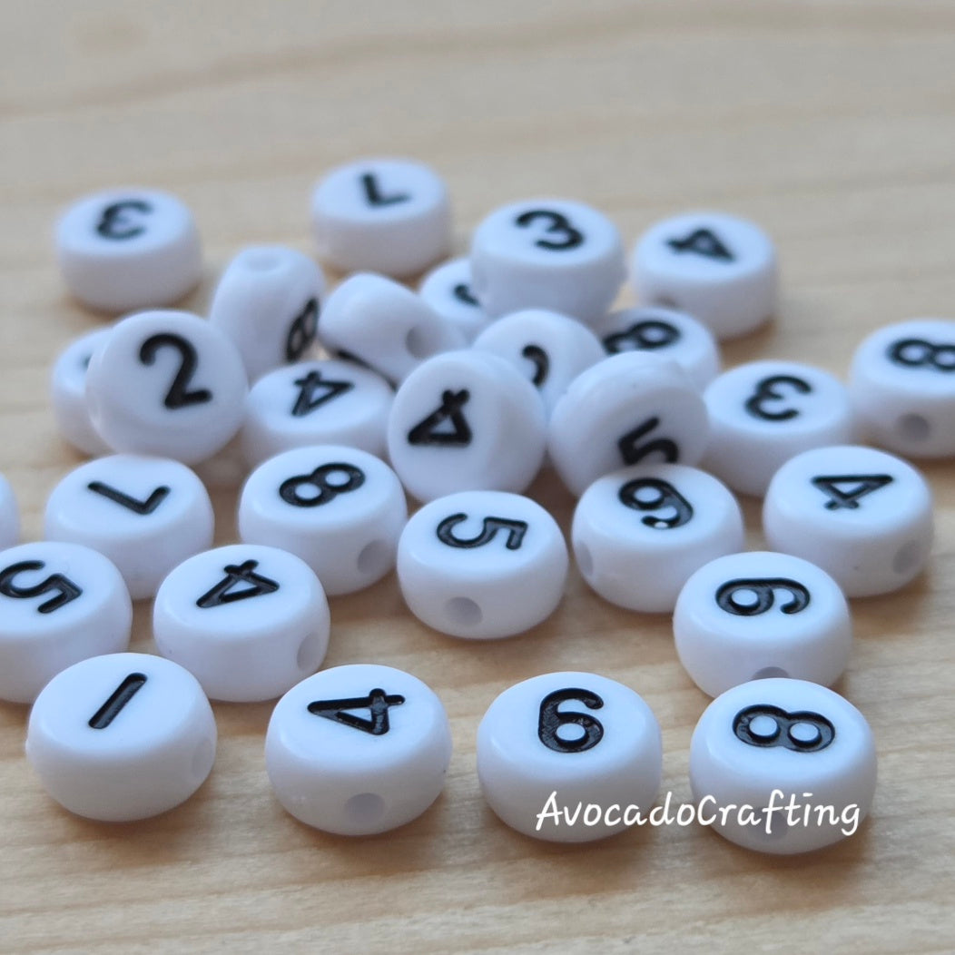 100 pieces (10 sets) // White Acrylic Round Number Beads (#0-#9) / 7*3.5mm / Jewelry Making