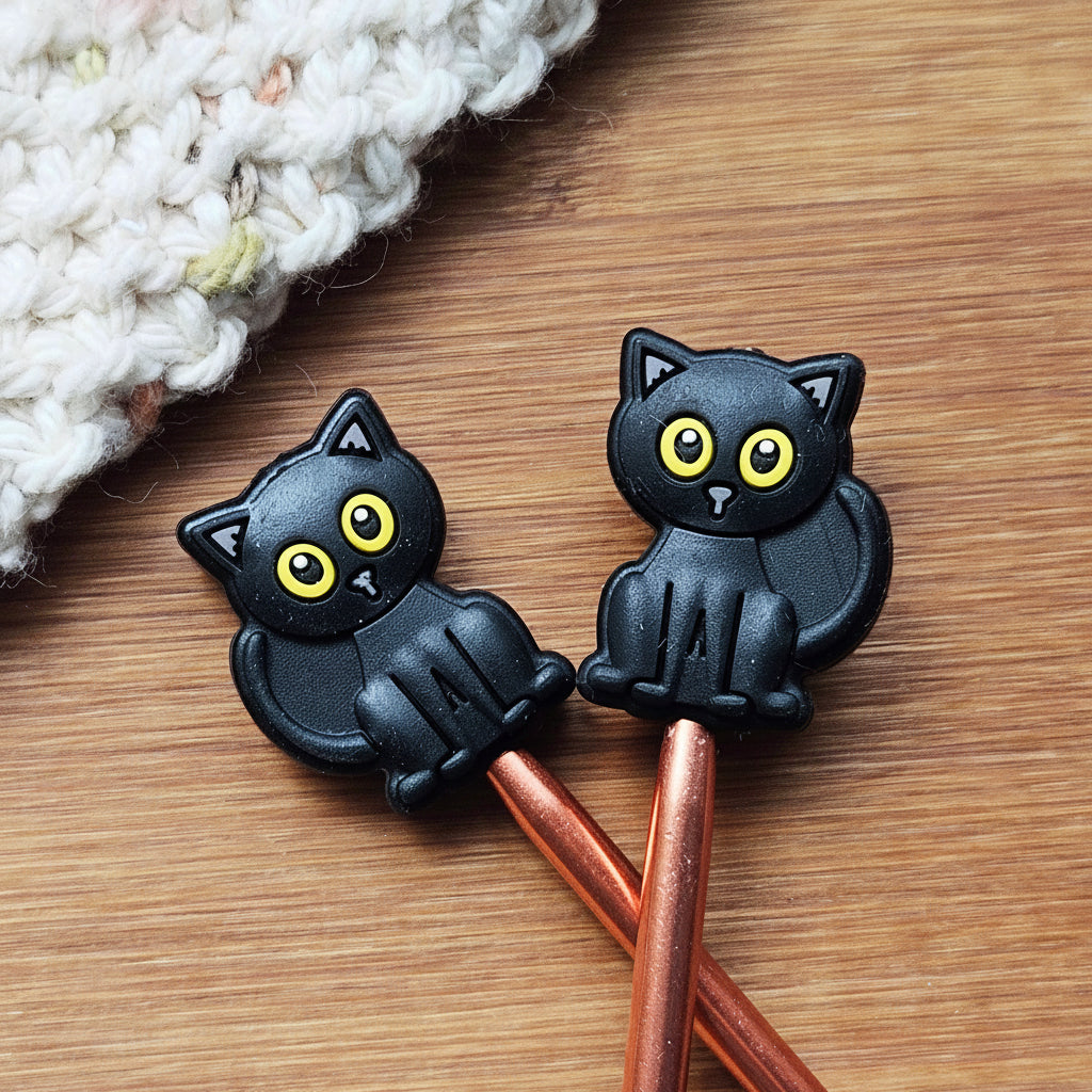 BLACK CAT STITCH STOPPERS / Knitting Needle Toppers / Set of 2 / Notions