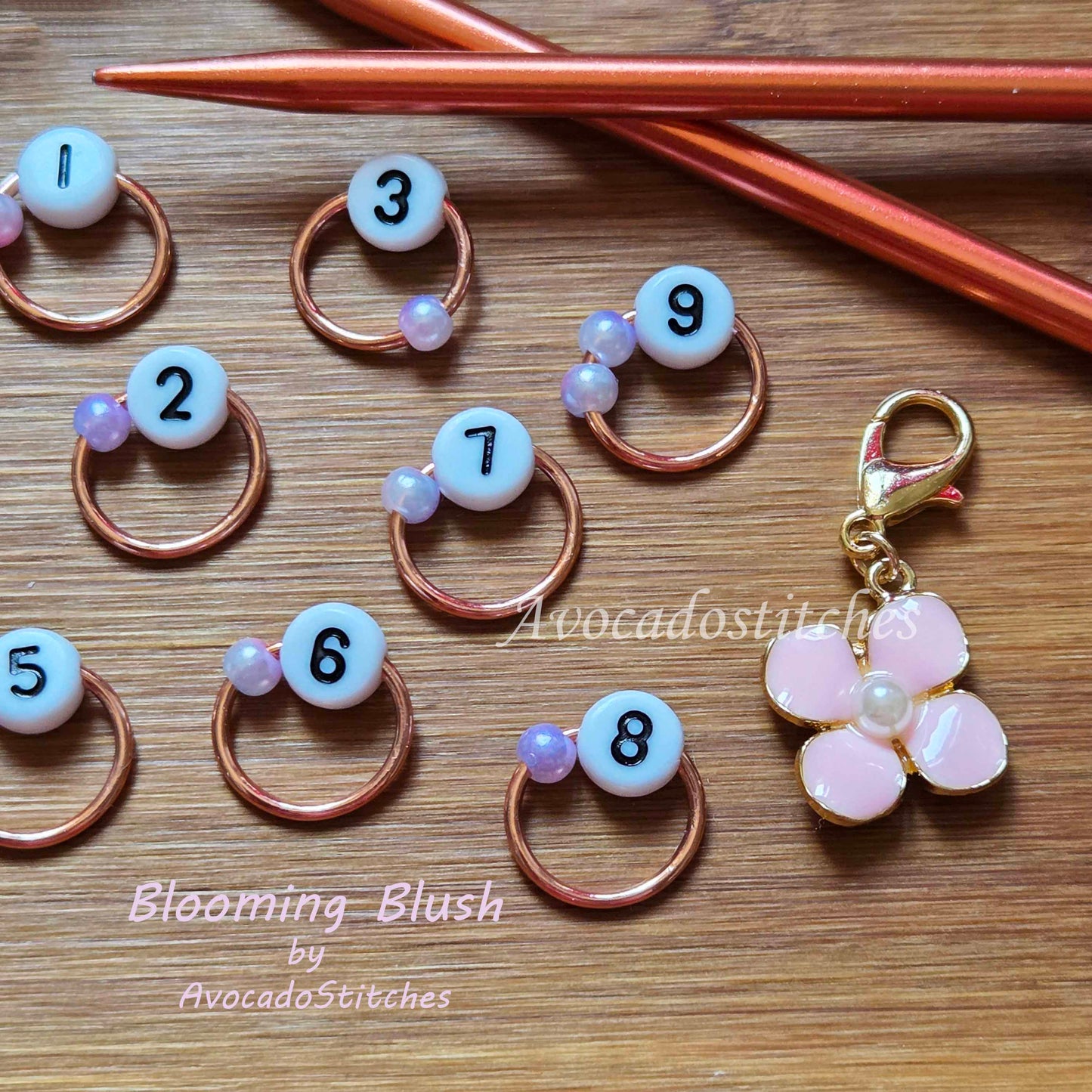 BLOOMING BLUSH Progress Keepers / Numbered Stitch Markers Set / Row Counter / Knitting Stitch Markers / Notions