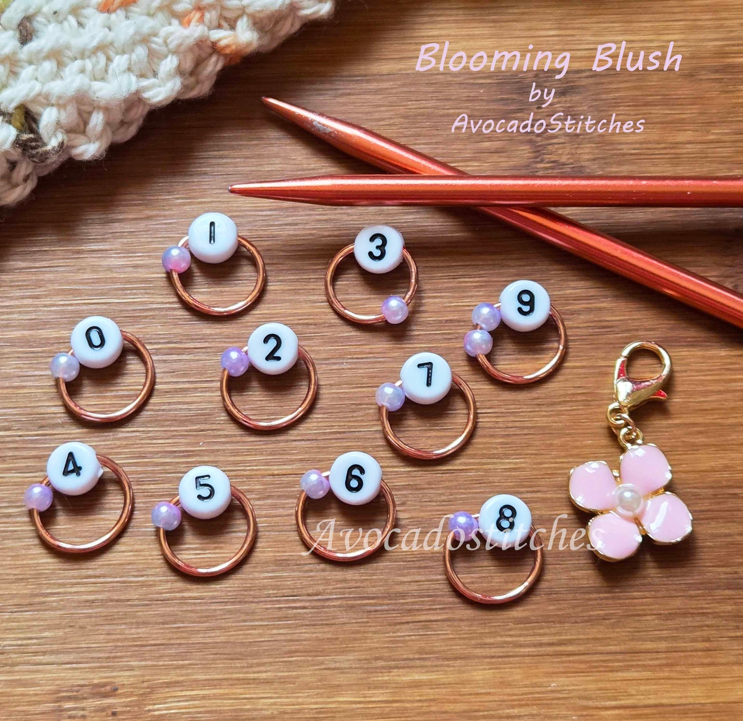 BLOOMING BLUSH Progress Keepers / Numbered Stitch Markers Set / Row Counter / Knitting Stitch Markers / Notions