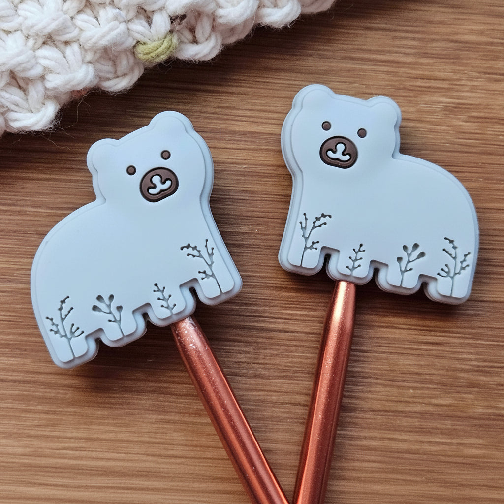 Clearance // BOTANICAL BEAR STITCH STOPPERS / Set of 2 / Knitting Needle Toppers / Notions