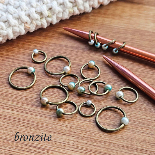 BRONZITE PEARL Stitch Markers / 10 pcs / Bronze Snag Free Stitch Markers / Notions