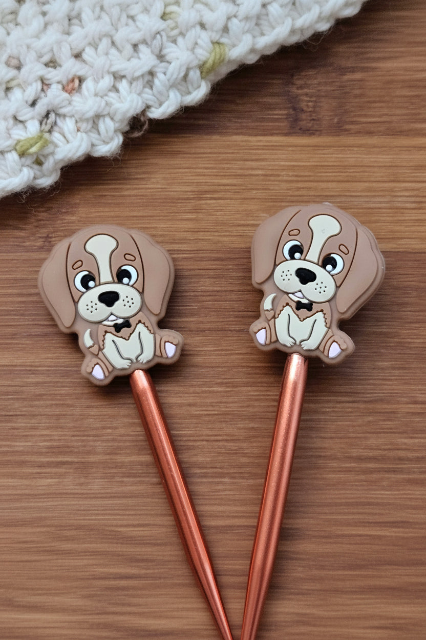 BROWN BABY PUPPY STITCH STOPPERS / Knitting Needle Toppers / Set of 2 / Notions