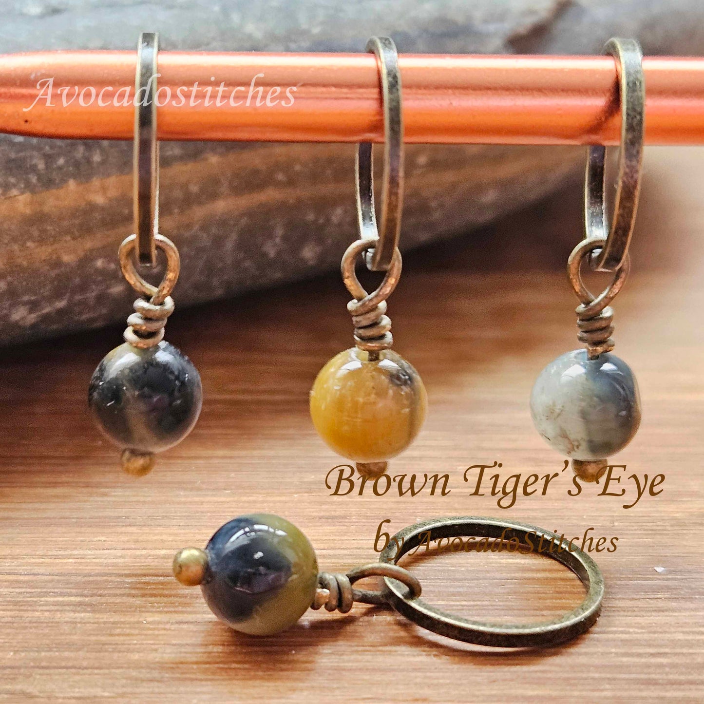 BROWN TIGER'S EYE Stone (Natural Stones) - 5 pieces / Knitting Stitch Markers / Notions