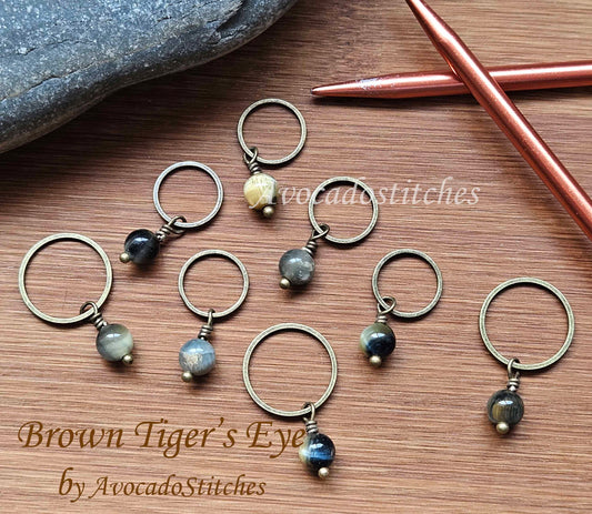 BROWN TIGER'S EYE Stone (Natural Stones) - 5 pieces / Knitting Crochet Stitch Markers / Notions
