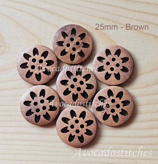 CARNATION / Brown 2-Hole Wooden Buttons / 18-25mm (Set of 6)