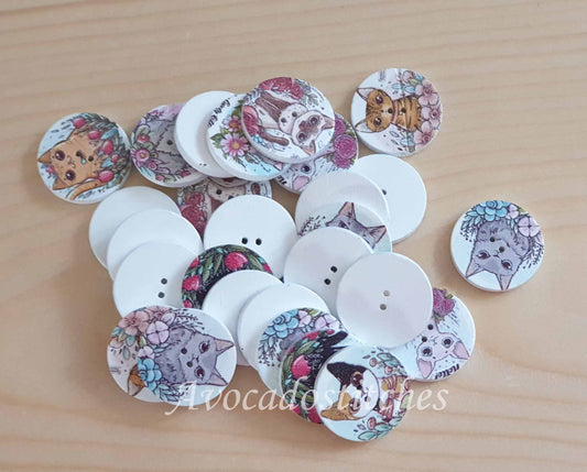 CAT & FLOWERS / 20-25mm / 8 buttons / Wooden Buttons / Sewing Buttons