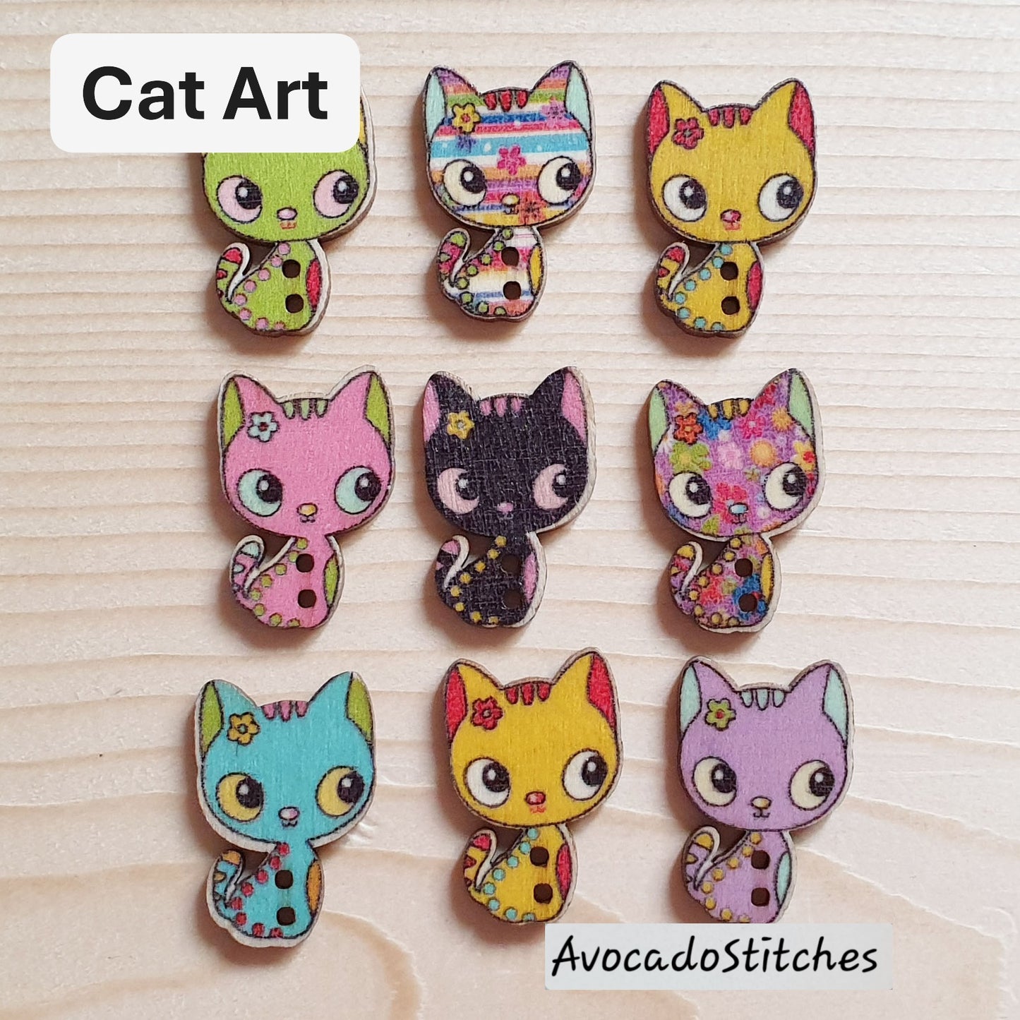 Clearance // CAT ART / 8 buttons / Wooden Buttons / Sewing Buttons