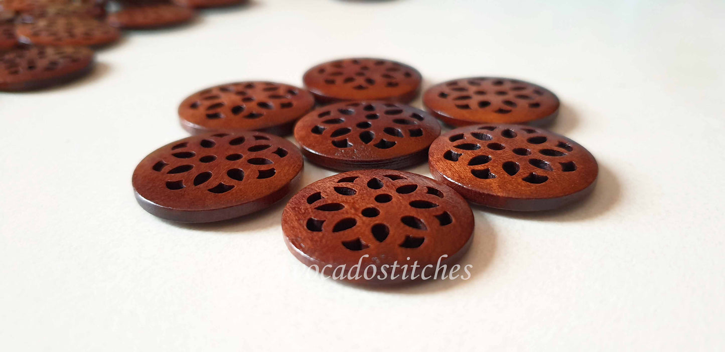 CHERRY BLOSSOM COFFEE BROWN / 25mm / Wooden Filigree Buttons / Sewing Buttons
