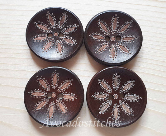 COFFEE FLOWER / Dark Brown 2-Hole Wooden Buttons / 30mm (Set of 4)