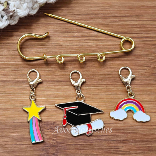 CAP & CELEBRATE – Stitch Marker and Holder Set / Set of 4 / Shawl Scarf Pin Brooch / Knitting Crochet Notion
