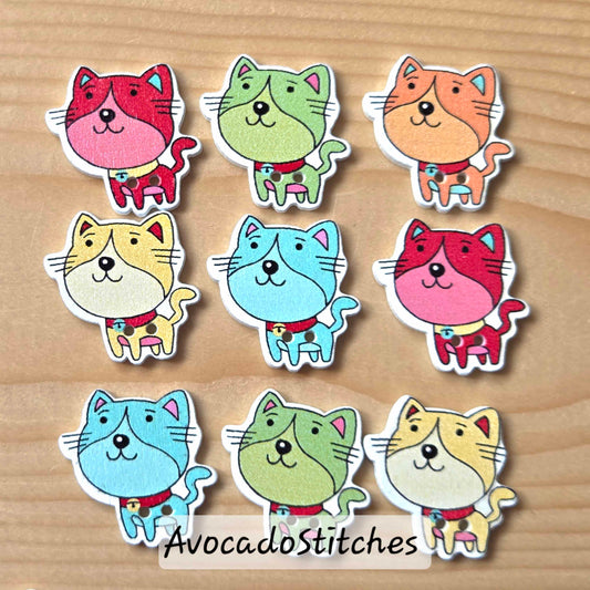 Cartoon Cat / Wooden Buttons (Set of 10)