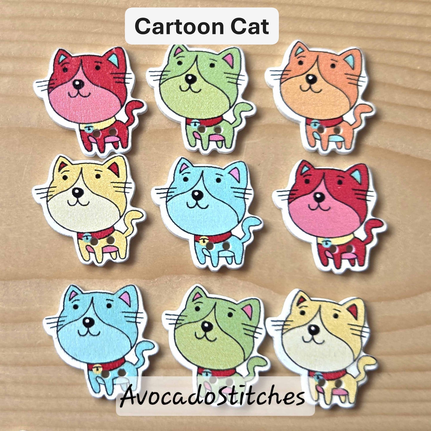 Clearance // CARTOON CAT / 8 buttons / Wooden Buttons / Sewing Buttons