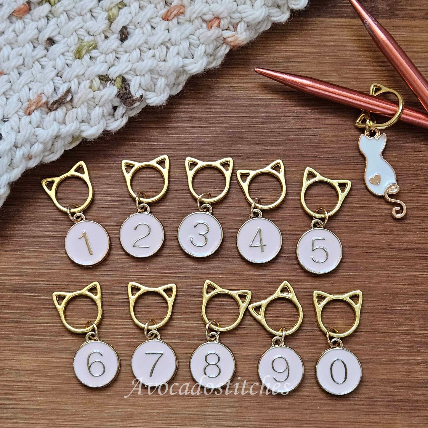 WHITE Cat PINK Numbers / 11pcs / Numbered Stitch Markers / Row Counter Markers / Crochet Knitting Stitch Markers / Notions