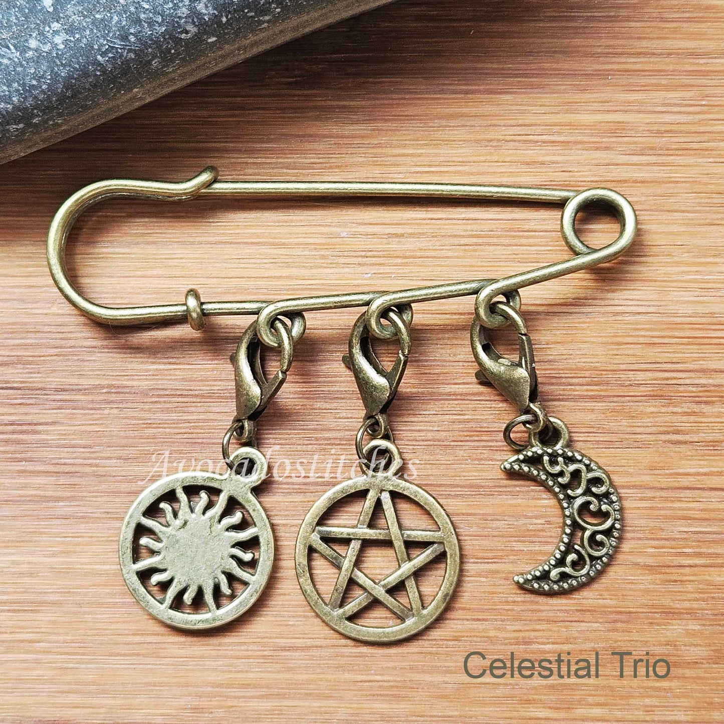CELESTIAL TRIO - Tibetan-Style Stitch Marker & Holder Set / 4 pieces / Brooch / Scarf Shawl Pin / Crochet Knitting Notions