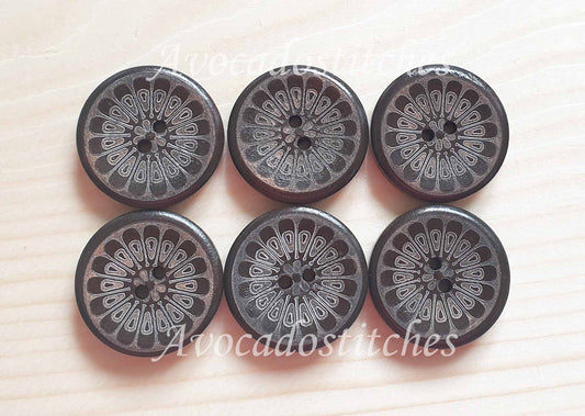 CHRYSANTHEMUM / Brown 2-Hole Wooden Buttons / 25mm (Set of 6)