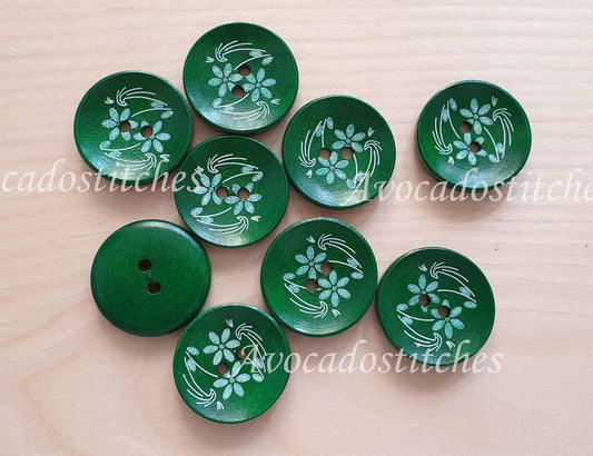 GREEN DAFFODIL / 25mm - 6 buttons / Wooden Buttons / Sewing Buttons