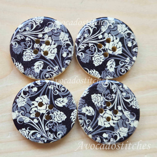 EBONY FLORA / 30mm - 4 buttons / Wooden Buttons / Sewing Buttons