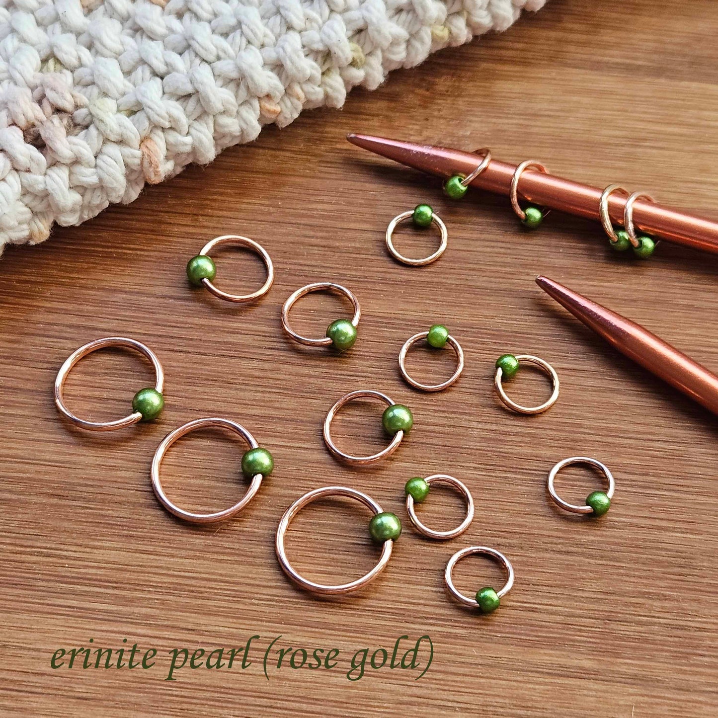 ERINITE PEARL STITCH MARKERS / 10 pcs / Rose Gold Snag Free Stitch Markers / Notions