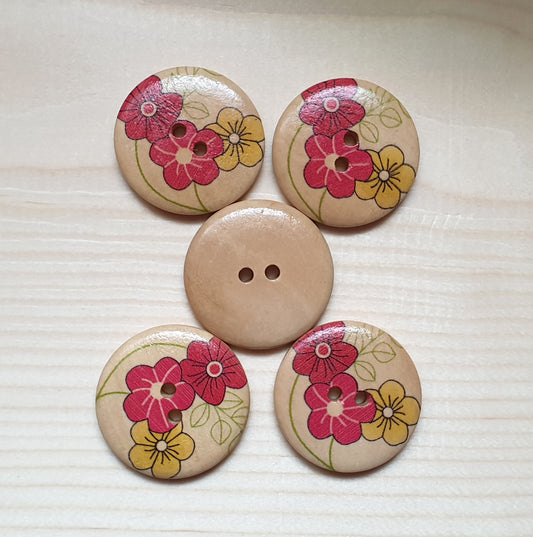 FLORAL TRIO / 30mm / Set of 5 buttons / Wooden Buttons / Sewing Buttons