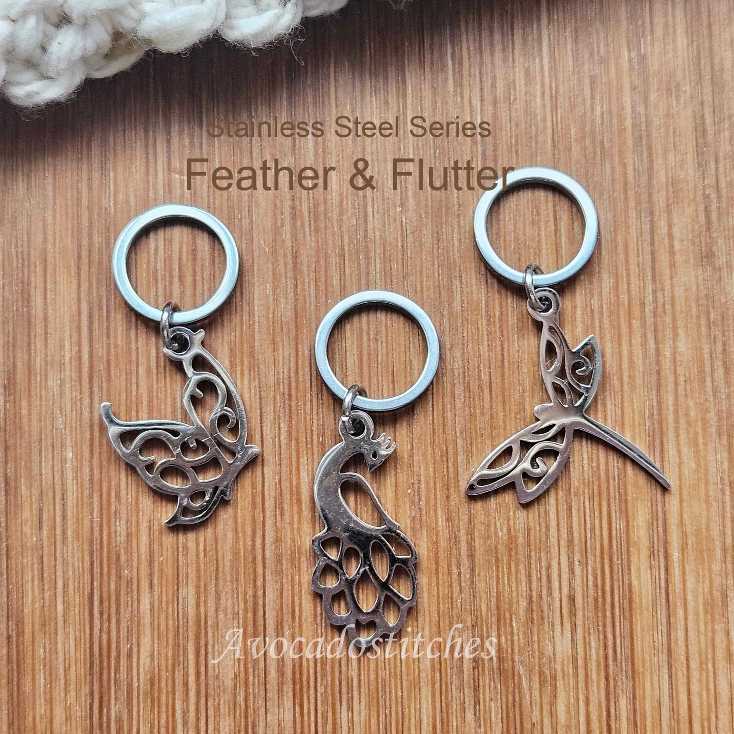 FEATHER & FLUTTER (3 pieces) - Stainless Steel Series / Knitting Crochet Stitch Markers / Notions