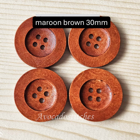 FLAT WIDE EDGE Brown / 30-35mm / Set of 4 buttons / Orange Brown / Wooden Buttons / Sewing Buttons