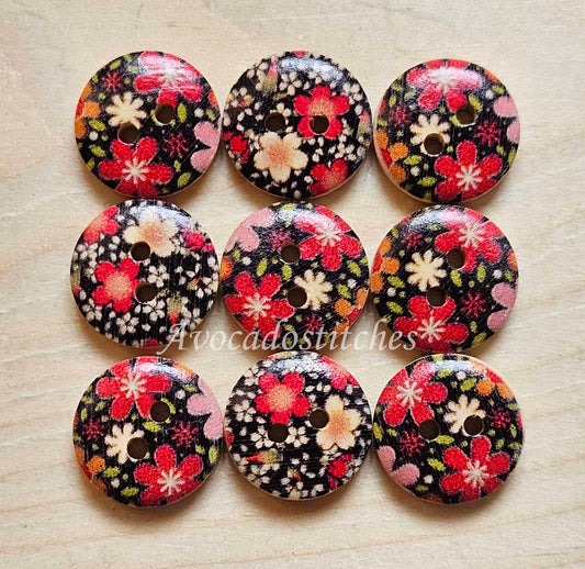 FLOWERS IN DARKNESS / Wooden Buttons / 15mm (Set of 8)