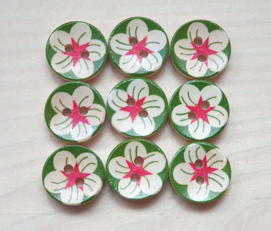 GREEN DAISY / 15mm / Set of 8 buttons / Wooden Buttons / Sewing Buttons (concave)
