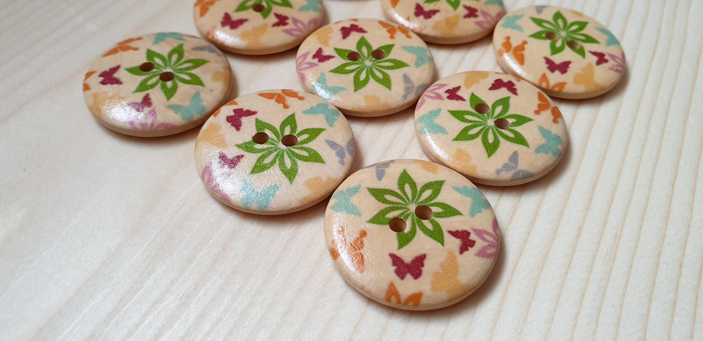 GREEN STARFLOWER / 30mm / Set of 7 buttons / Wooden Buttons / Sewing Buttons