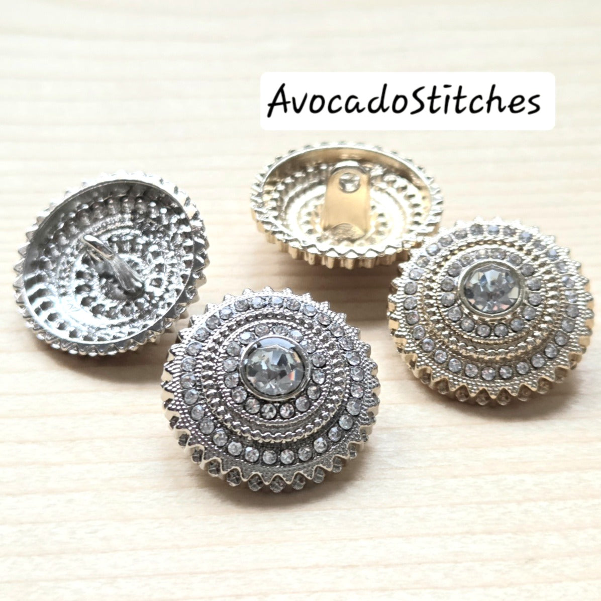 THE GLIMMERS / Metal Shank Buttons with Rhinestones / 20mm (Set of 4)