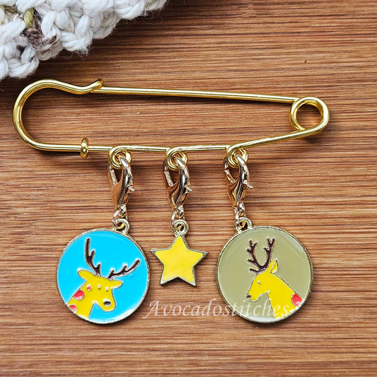 GOLDEN FAWN – Stitch Marker and Holder Set / Set of 4 / Shawl Scarf Pin Brooch / Knitting Crochet Notion