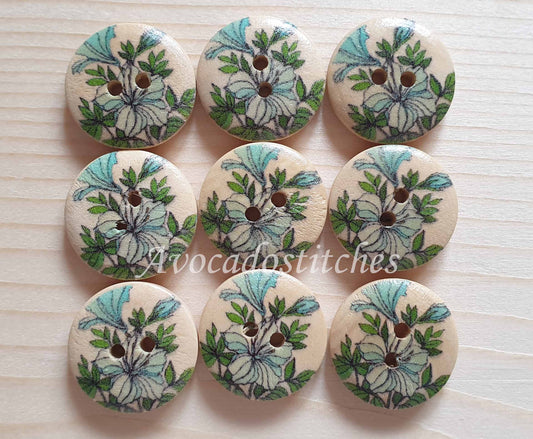 GREEN FLORALS / Wooden Buttons / 18mm (Set of 6)