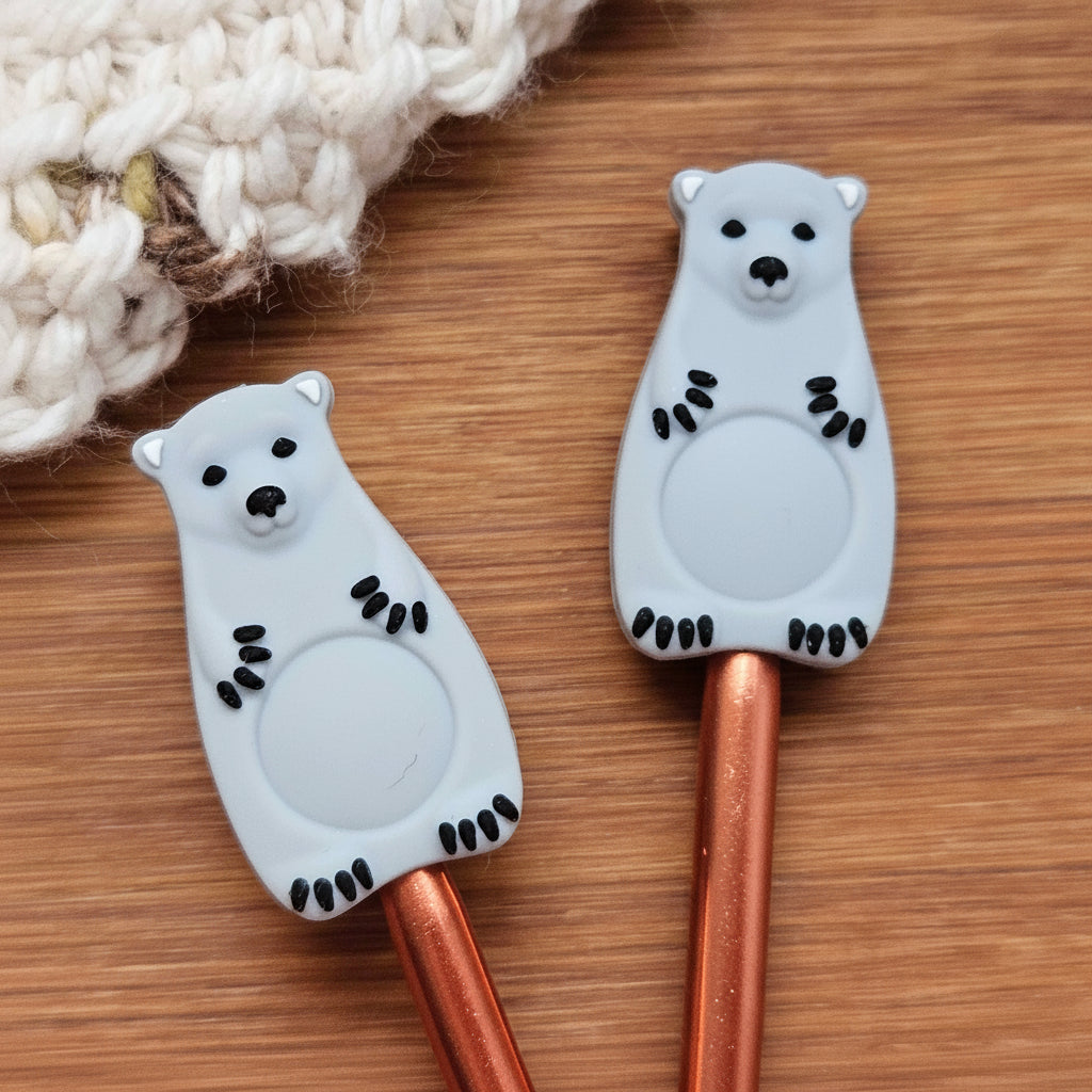 GREY BEAR STITCH STOPPERS / Knitting Needle Toppers / Set of 2 / Notions