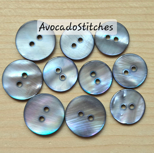 2-Hole GREY Seashell Buttons / 11.5-18mm / Set of 6 Buttons / MOP Shell Buttons / Sewing Buttons
