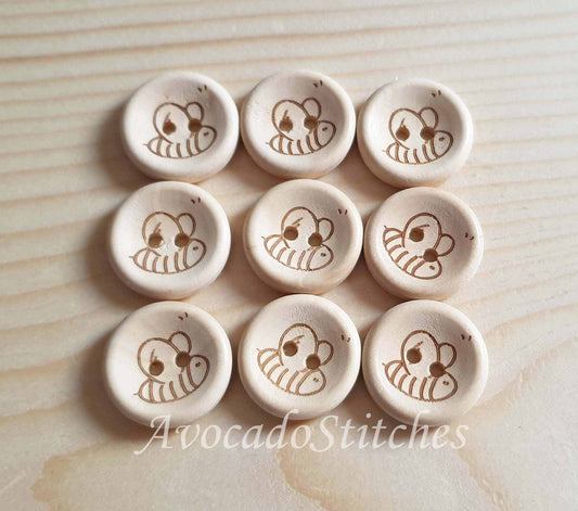 AvoDesigns HONEY BEE / Unvarnished 2-Hole Wooden Buttons / 15mm 20mm (Set of 6)
