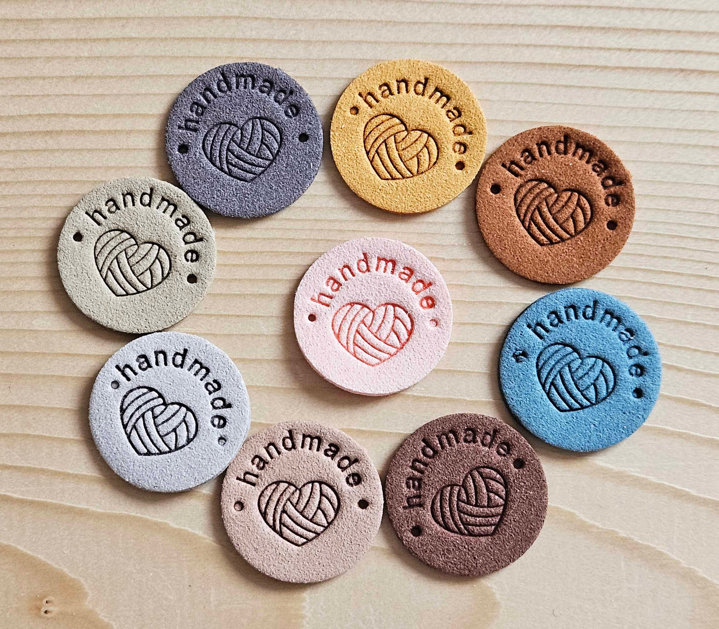 YARN HEART HANDMADE LABELS / Set of 5 / Faux Suede Labels / Handmade Tags / Garment Labels