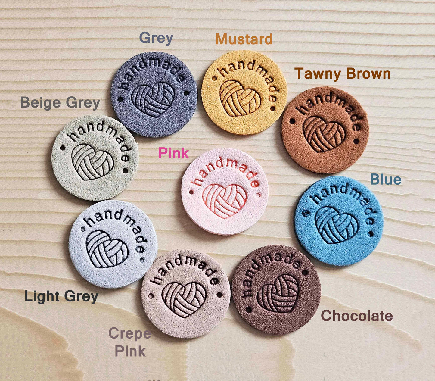 YARN HEART HANDMADE LABELS / Set of 5 / Faux Suede Labels / Handmade Tags / Garment Labels