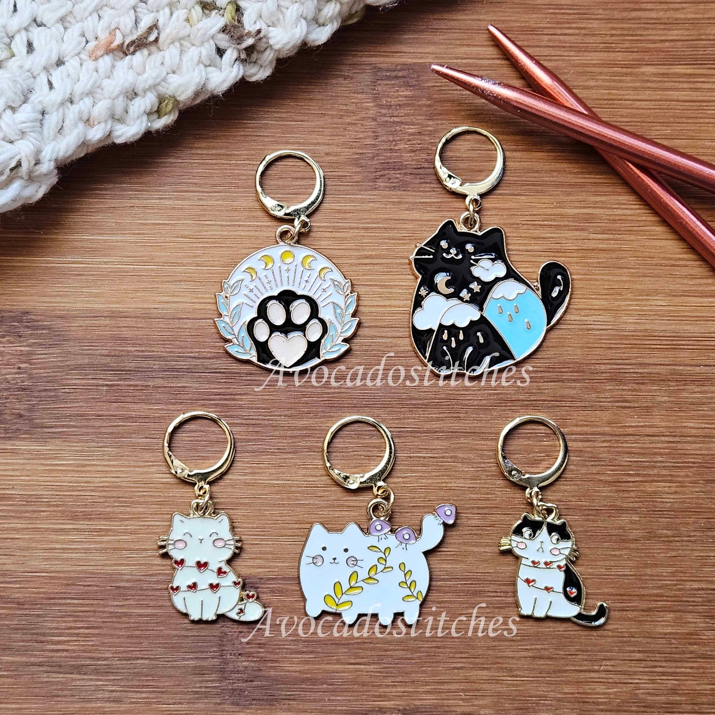 HAPPY CATS - 5 pieces / Knitting Crochet Stitch Markers / Notions