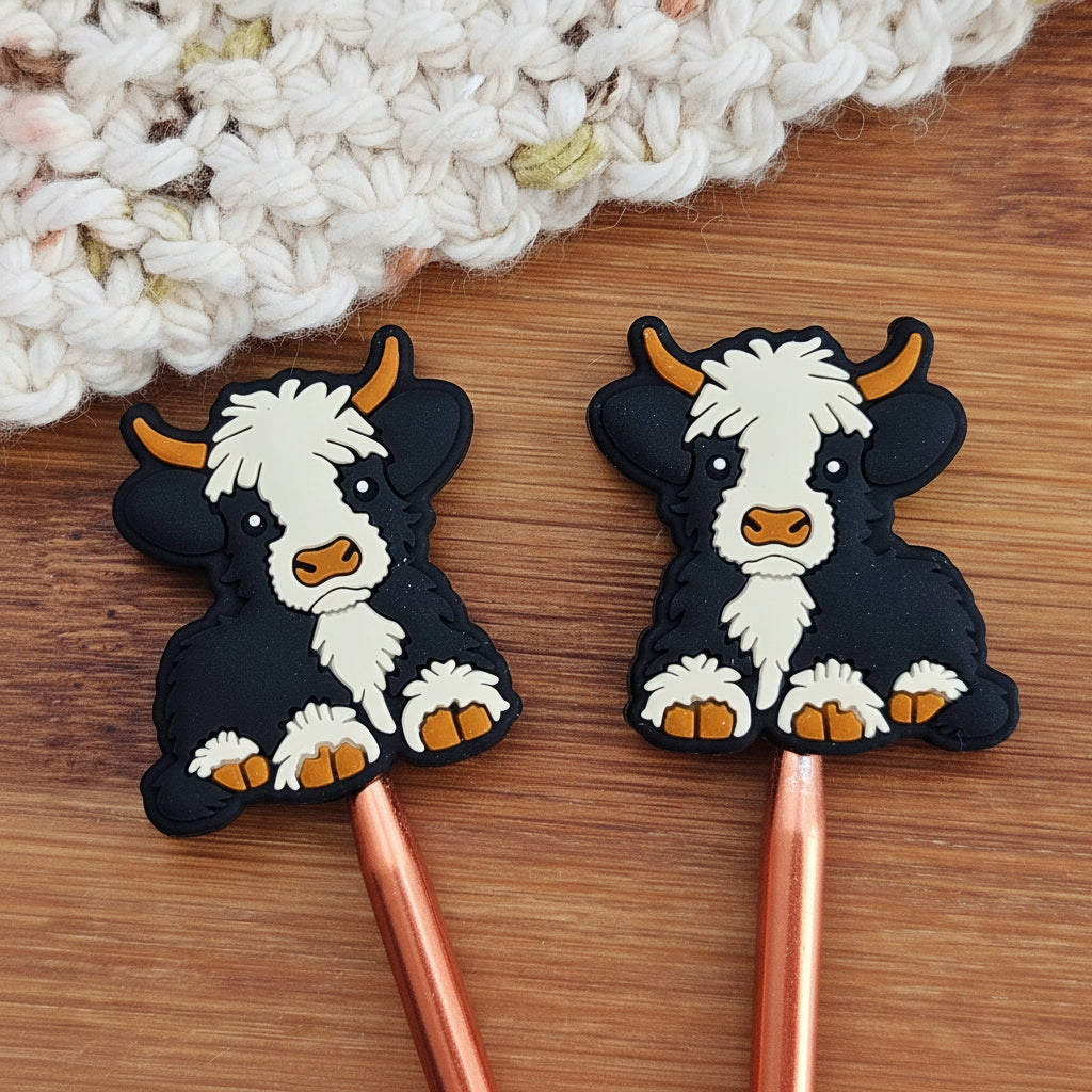 HIGHLAND BLACK CATTLE STITCH STOPPERS / Set of 2 / Knitting Needle Toppers / Notions