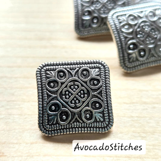 HIMALAYAN SQUARE Antique Silver Shank Buttons / 13*13mm / Set of 10 buttons / Metal Alloy Shank Buttons / Sewing Buttons