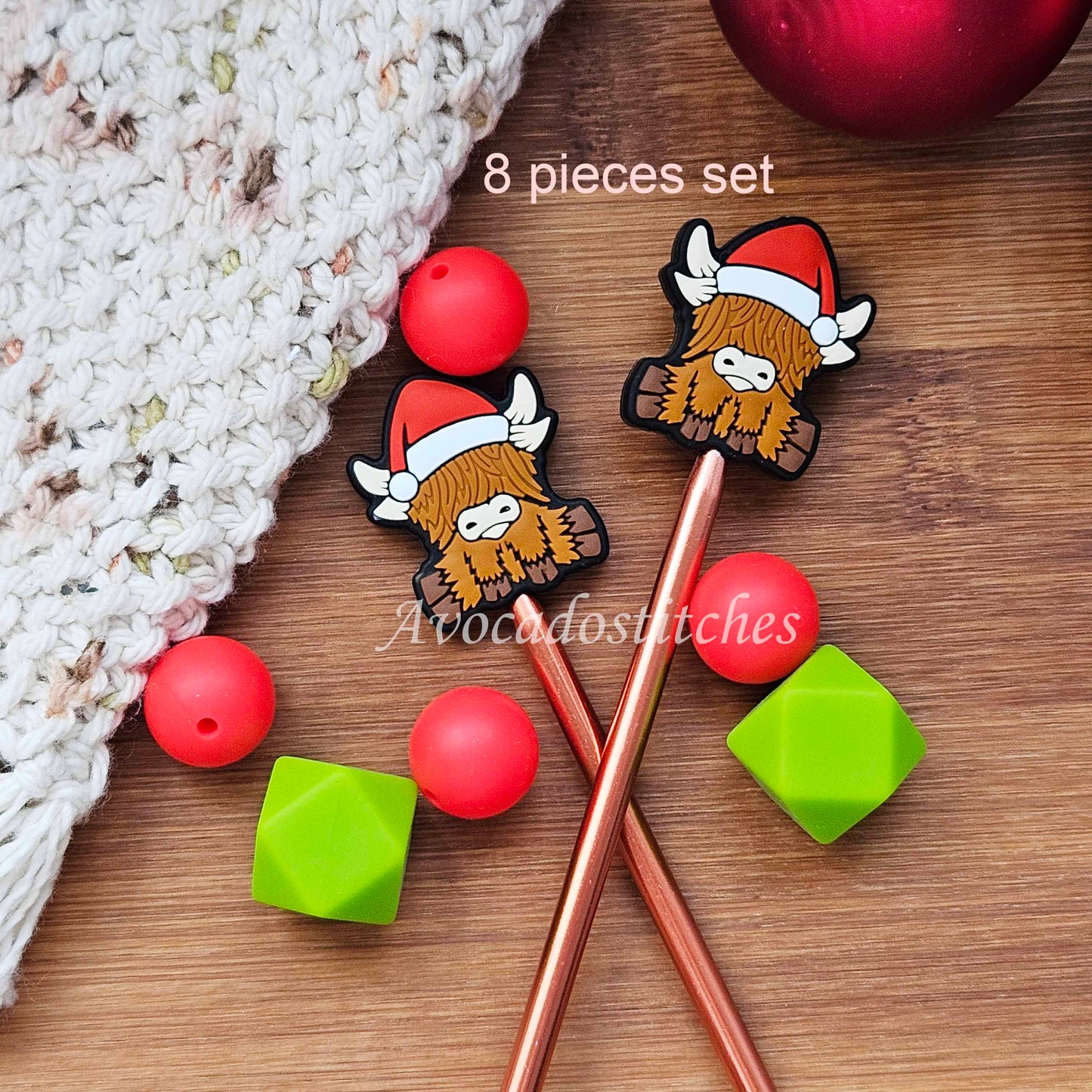 HOLIDAY HIGHLAND COW Stitch Stoppers / Knitting Needle Stoppers / Point Protection / Notions
